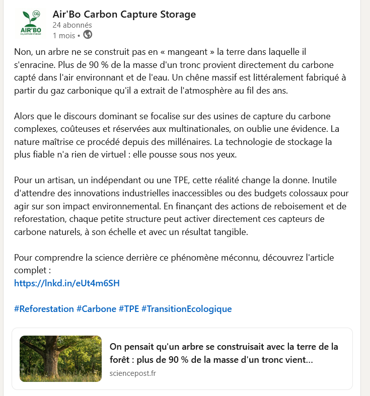 publication sur la reforestation produite par l'agent IA - Air'Bo